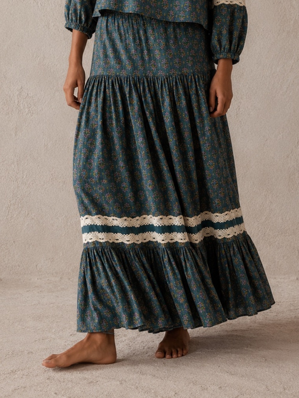 NEW Luna Moon SZ MD Teal Floral Tiered Maxi Skirt Lace Boho Cottagecore Prairie